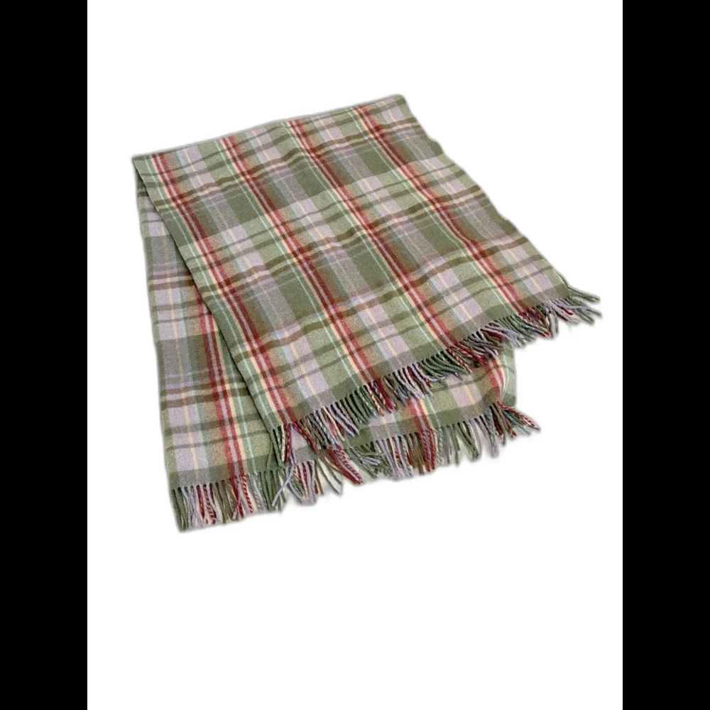Ireland 100% Wool Blanket John Hanly & Co Plaid Purple Green Fringe Trim 50x62